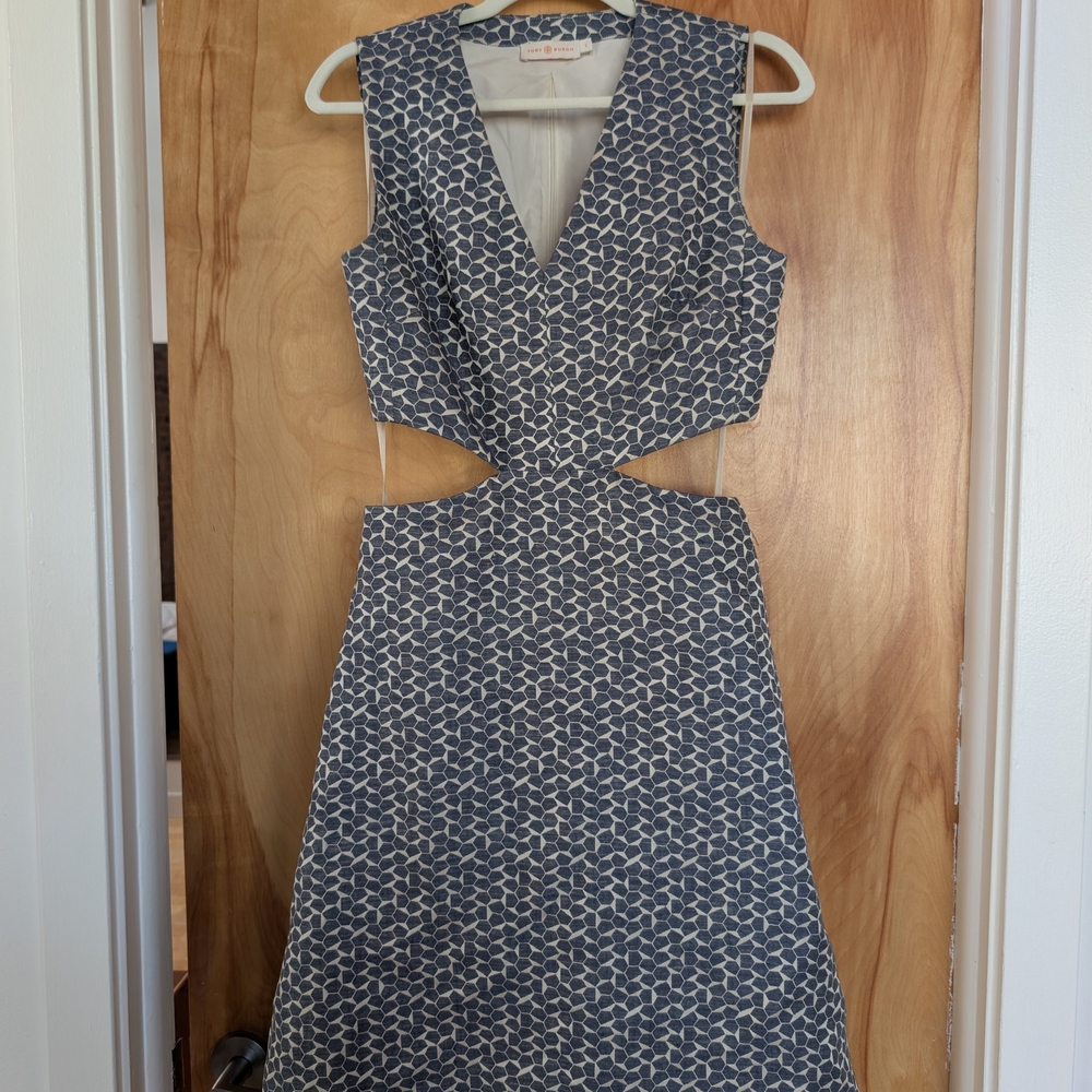 Tory Burch, Blue And White Linen Patterned Dress, Size 4